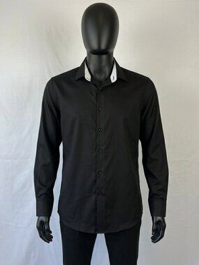 Nine West Men's Slim Fit Black Long Sleeve Solid Dress Shirt, Size L